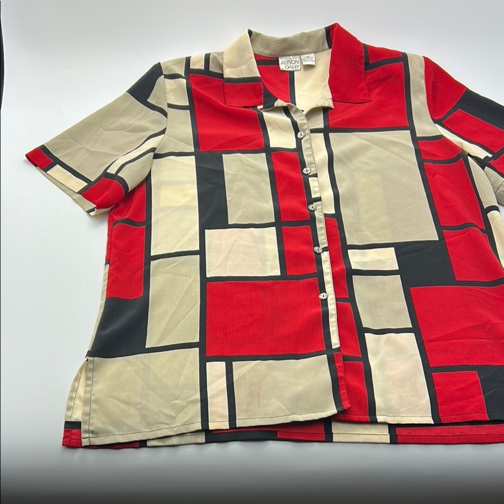 Allison Daley Vintage Button Down Shirt 16 Collared Abstract Ribbed Short Sleeve - Picture 4 of 16
